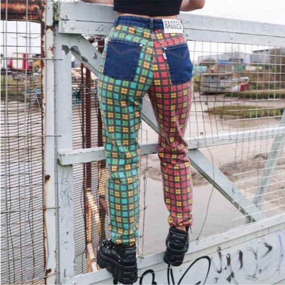 The Ragged Priest Hot Rod Mix Check Mom Jeans in Red & Green - Picture 1 of 15